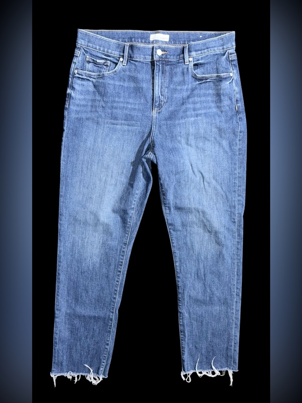 LOFT Super Soft Girlfriend Jeans Womens 14/32 Blue Raw Hem Relaxed Ankle Denim